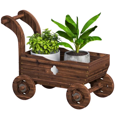 Chariot porte-plantes en bois à 4 roues, 68 × 38 cm, hauteur 52 cm