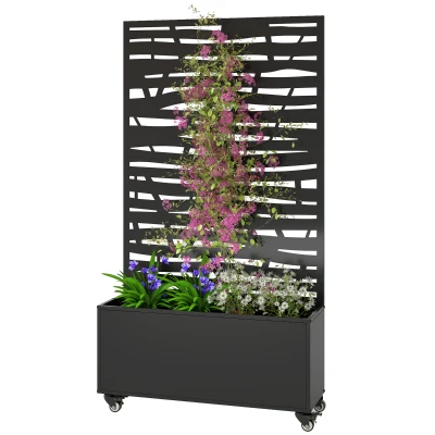 Jardinière à treillis métal sur roulettes, motif branches, 90 × 30 cm, hauteur 160 cm