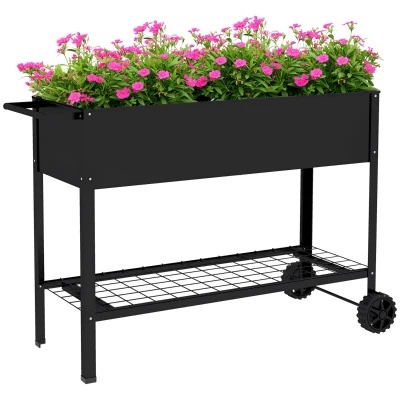 Potager sur pieds en métal noir avec étagère et roues, 109 × 44 cm